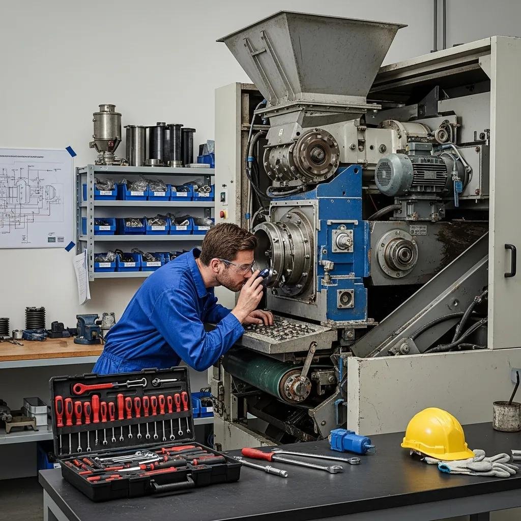 Technician inspecting a plastic recycling machine for maintenance