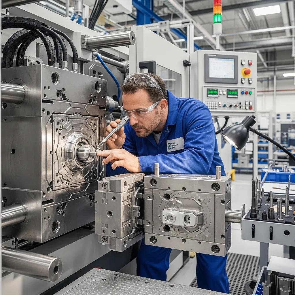 Technician inspecting injection molding machine mold for defects and troubleshooting