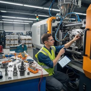 Technician performing maintenance on a plastic manufacturing machine in a factory