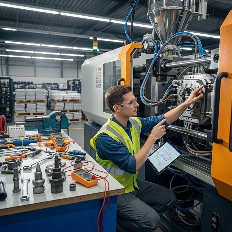Technician performing maintenance on a plastic manufacturing machine in a factory