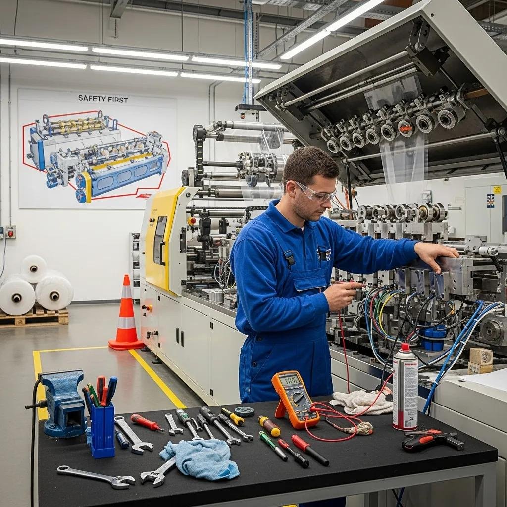Technician performing maintenance on an air bubble film making machine in a workshop