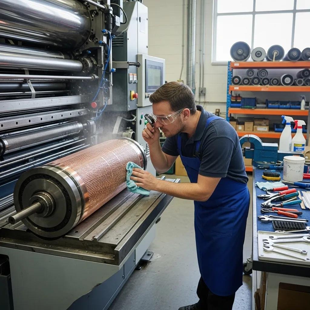 Technician performing maintenance on gravure printing equipment