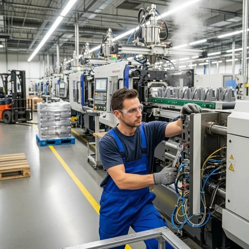 Technician performing maintenance on plastic machinery in a manufacturing setting