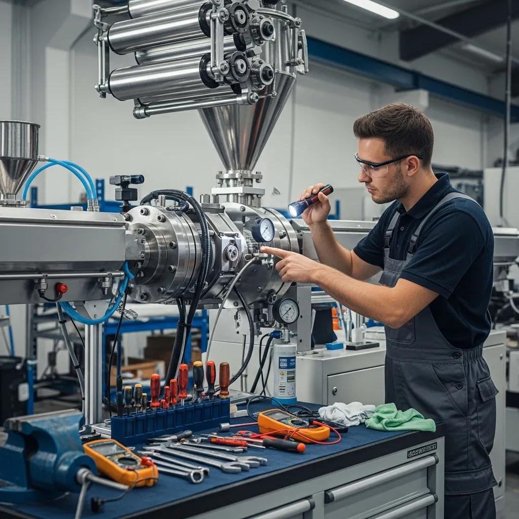 Technician performing preventive maintenance on a blown film extruder