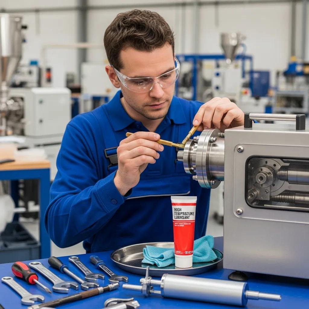 Technician performing routine maintenance on a compact mini blown film extruder