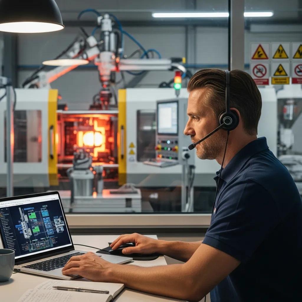 Technician providing remote support for plastic machinery