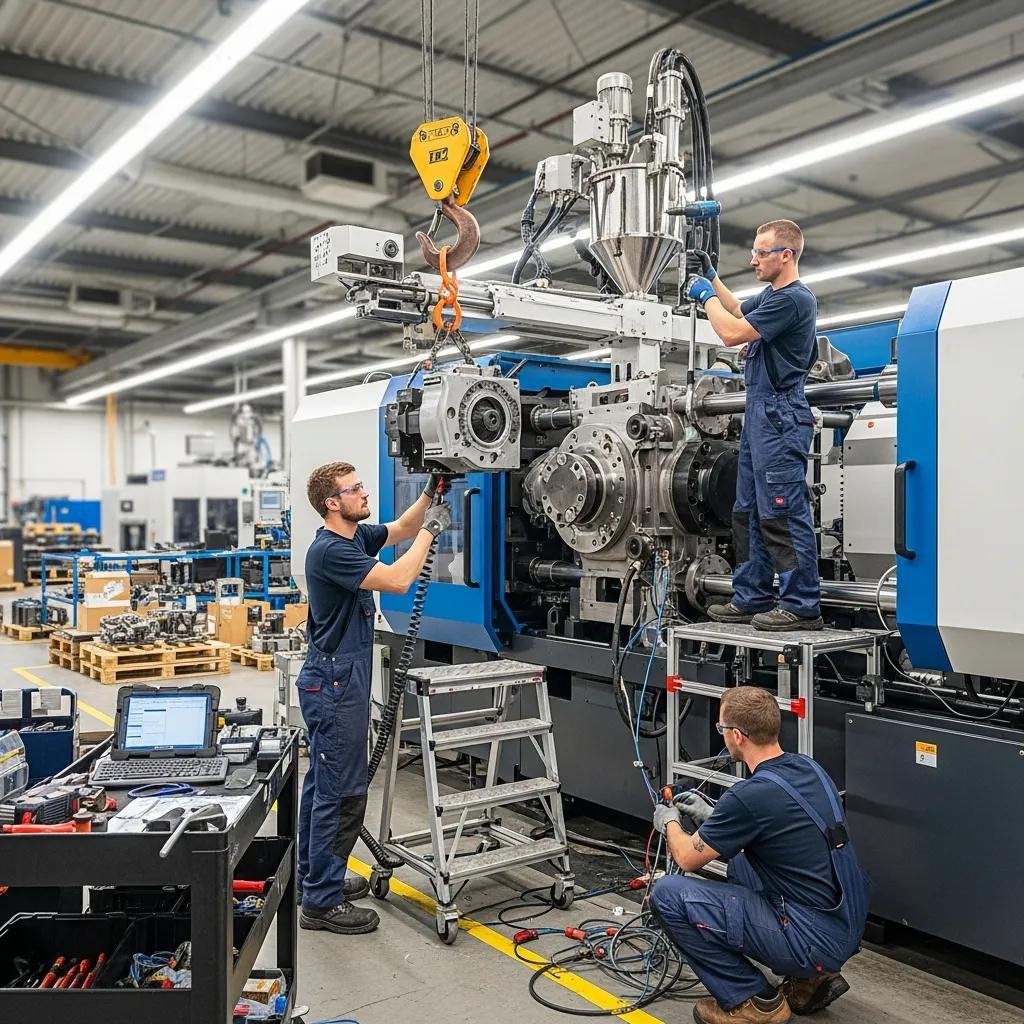 Technicians installing a plastic machine in a factory, demonstrating professional support services