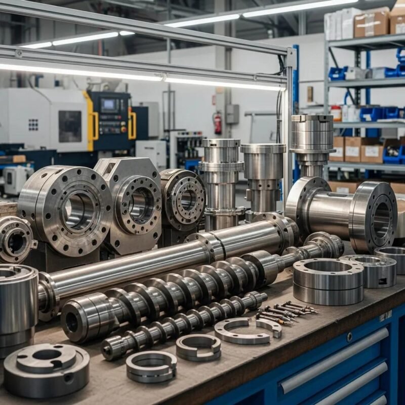 Variety of plastic machine spare parts including die heads, extruder screws, and barrels in an industrial setting