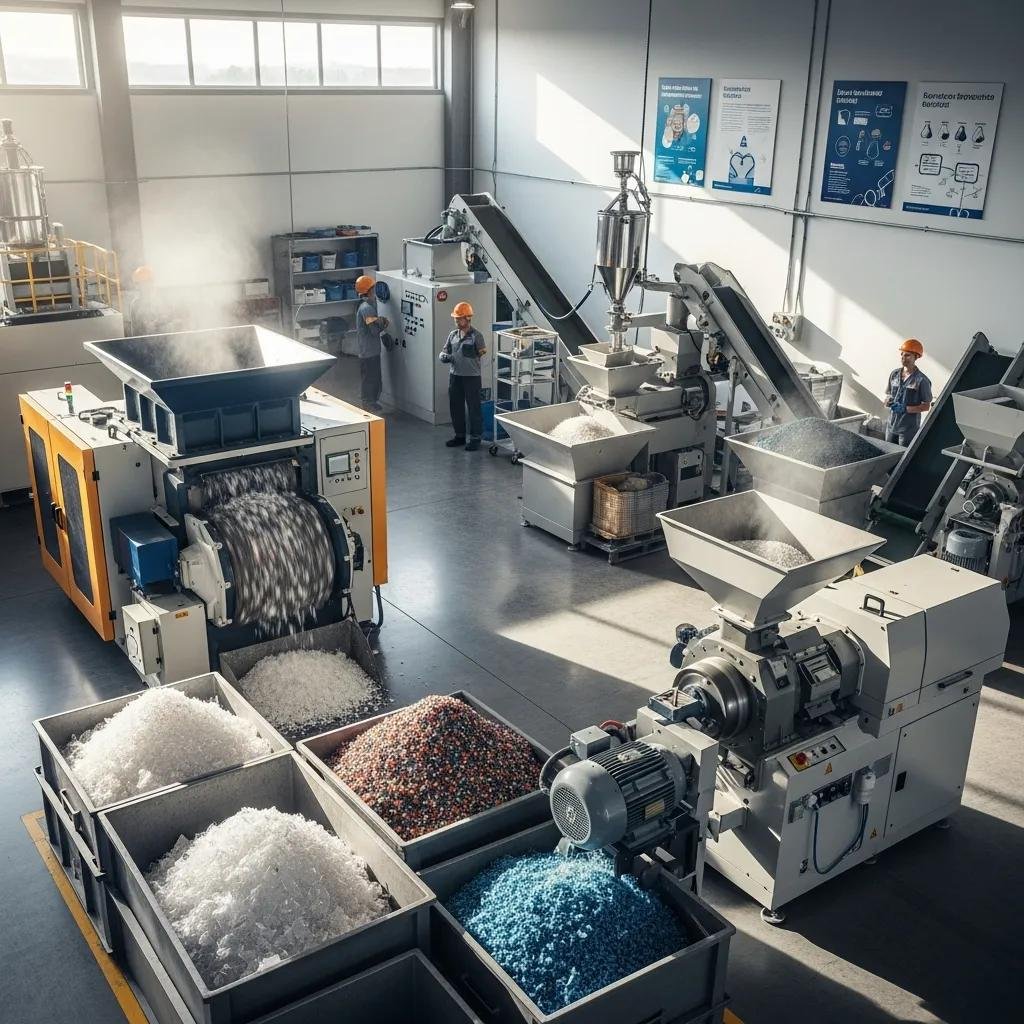 Various plastic recycling machines in action at a recycling facility, highlighting sustainability in manufacturing