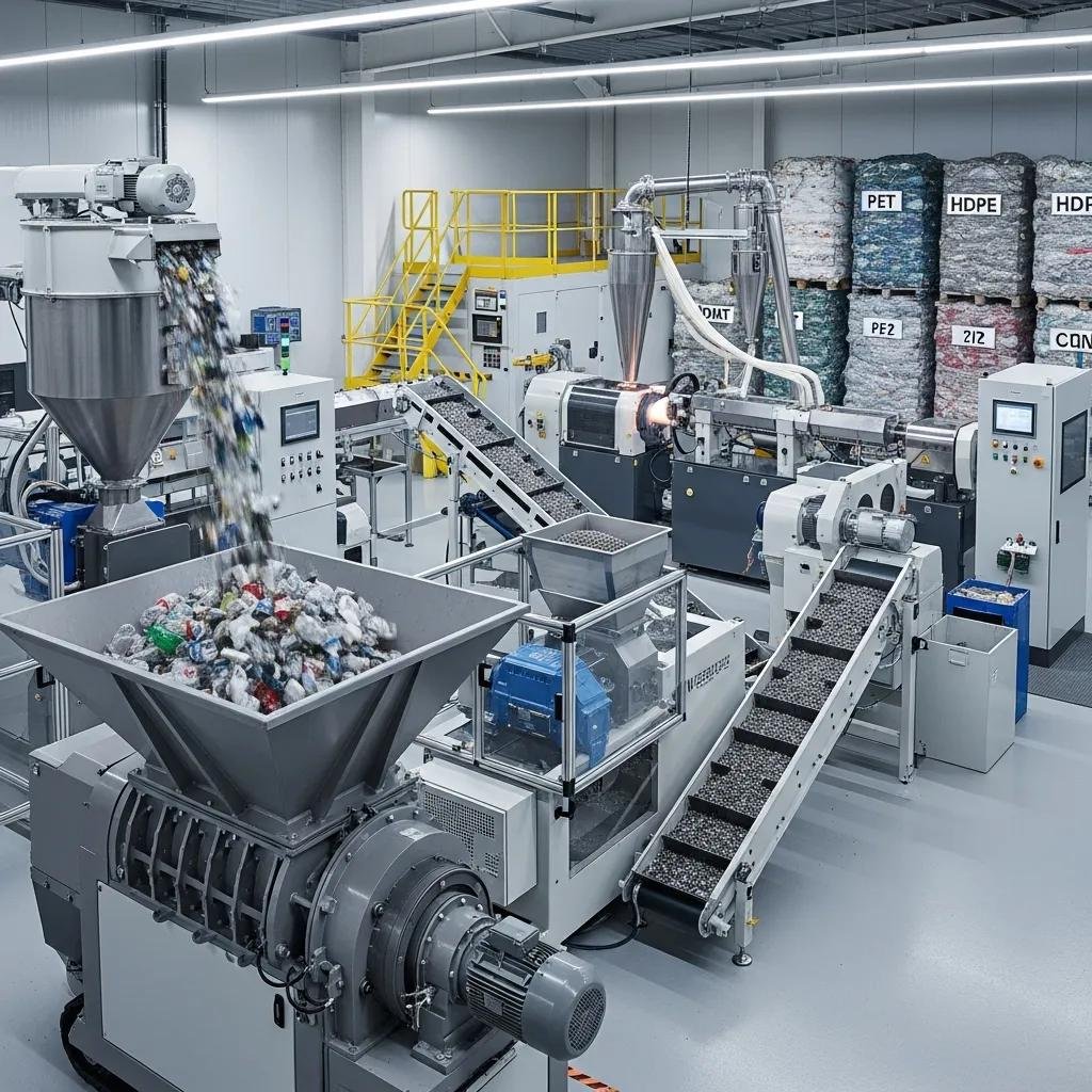 Various plastic recycling machines in action at a recycling facility, promoting sustainability in manufacturing