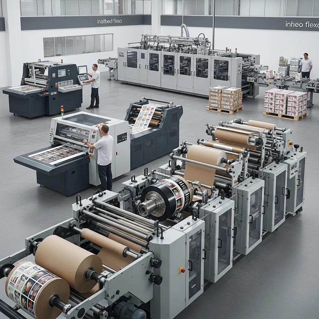 Various types of flexo printing machines including rotary, flatbed, and inline models in a professional setting