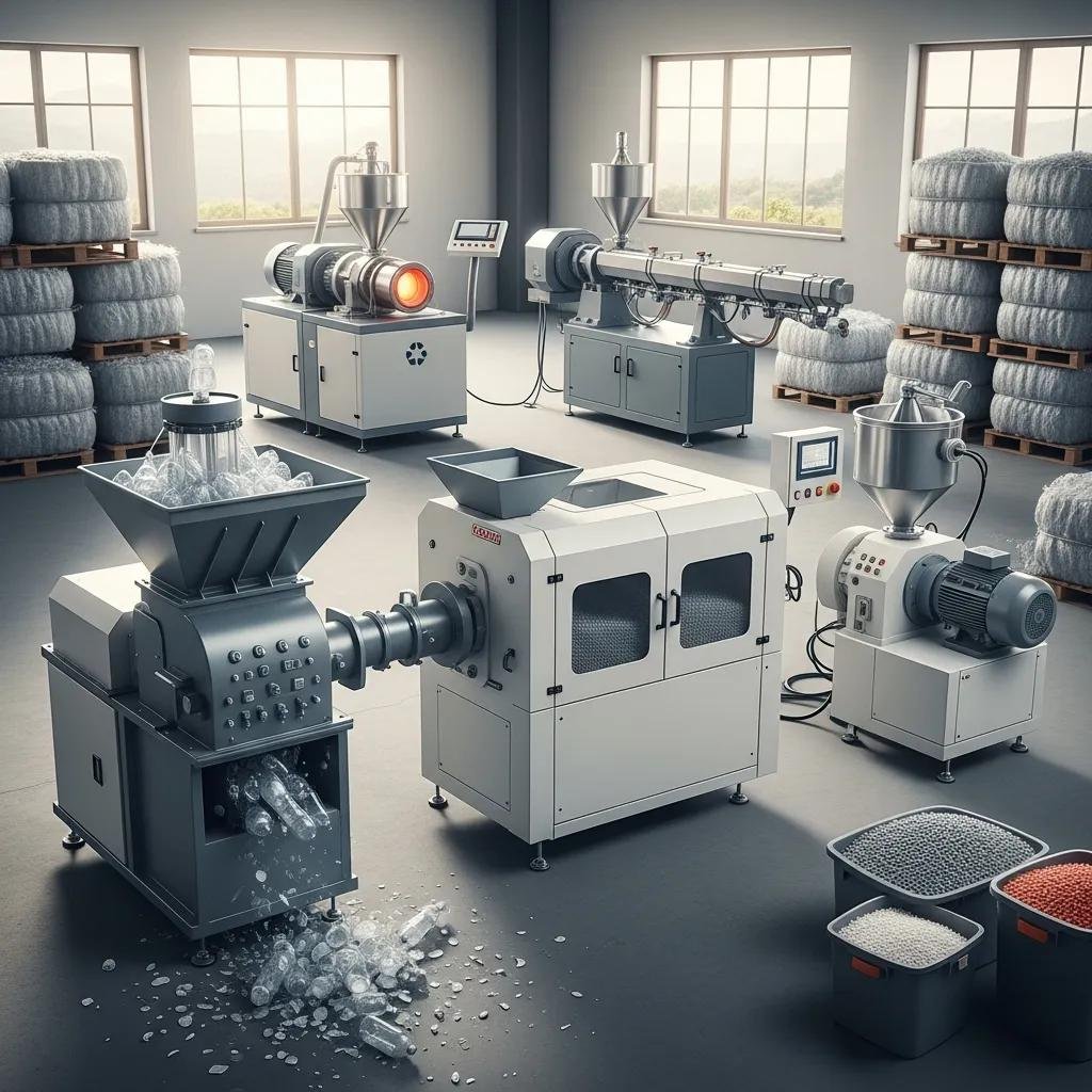 Various types of plastic recycling machines in a workshop setting