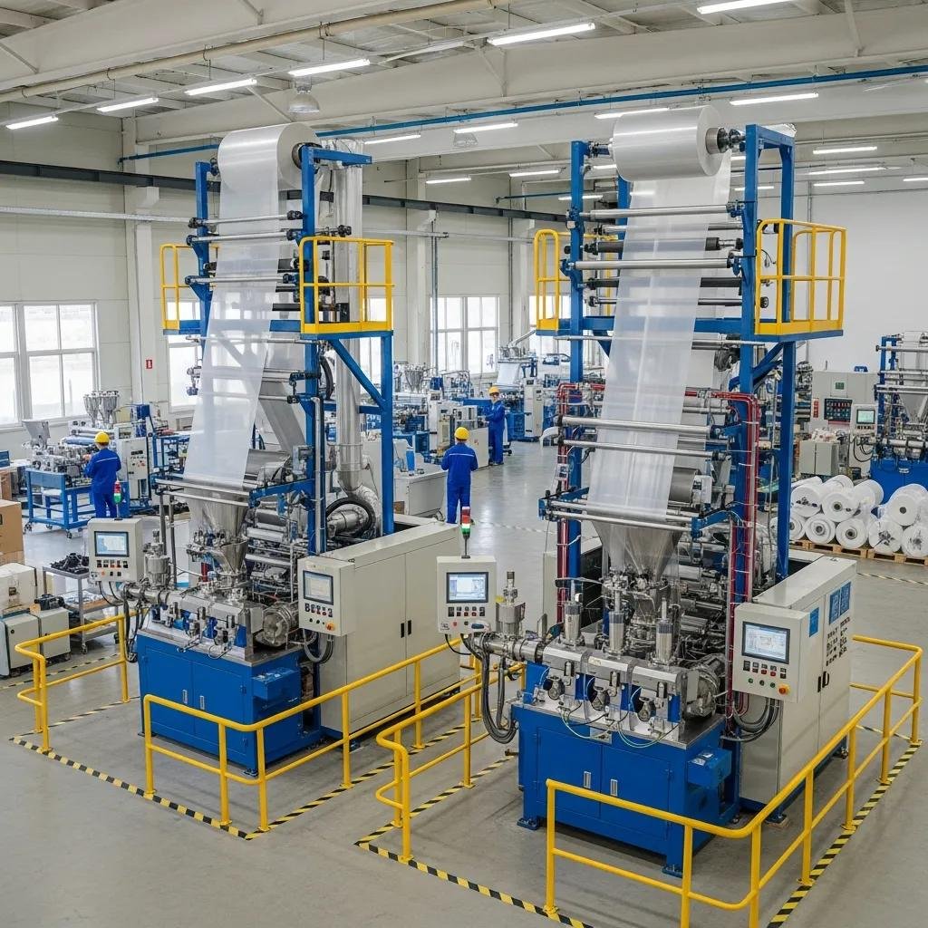 Various types of polypropylene blown film machines in a factory setting